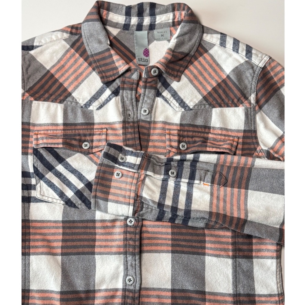 Stio Flannel Shirt Womens Medium Grey White Plaid Western‎ Button Up Cotton